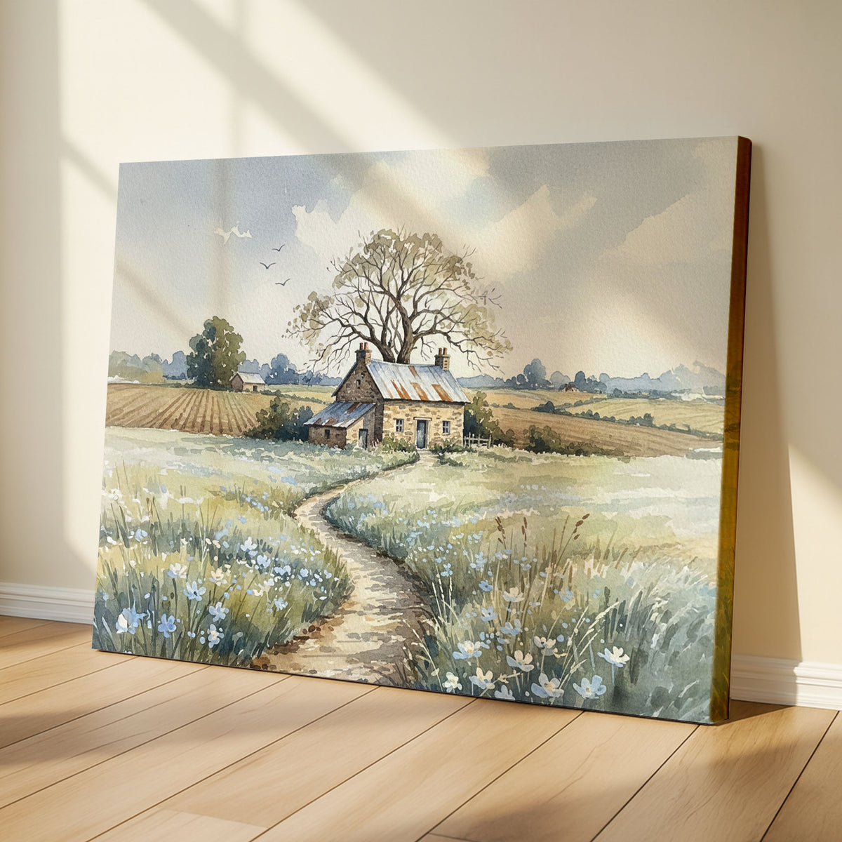Cottage watercolor leaning on a wooden floor in sunlight