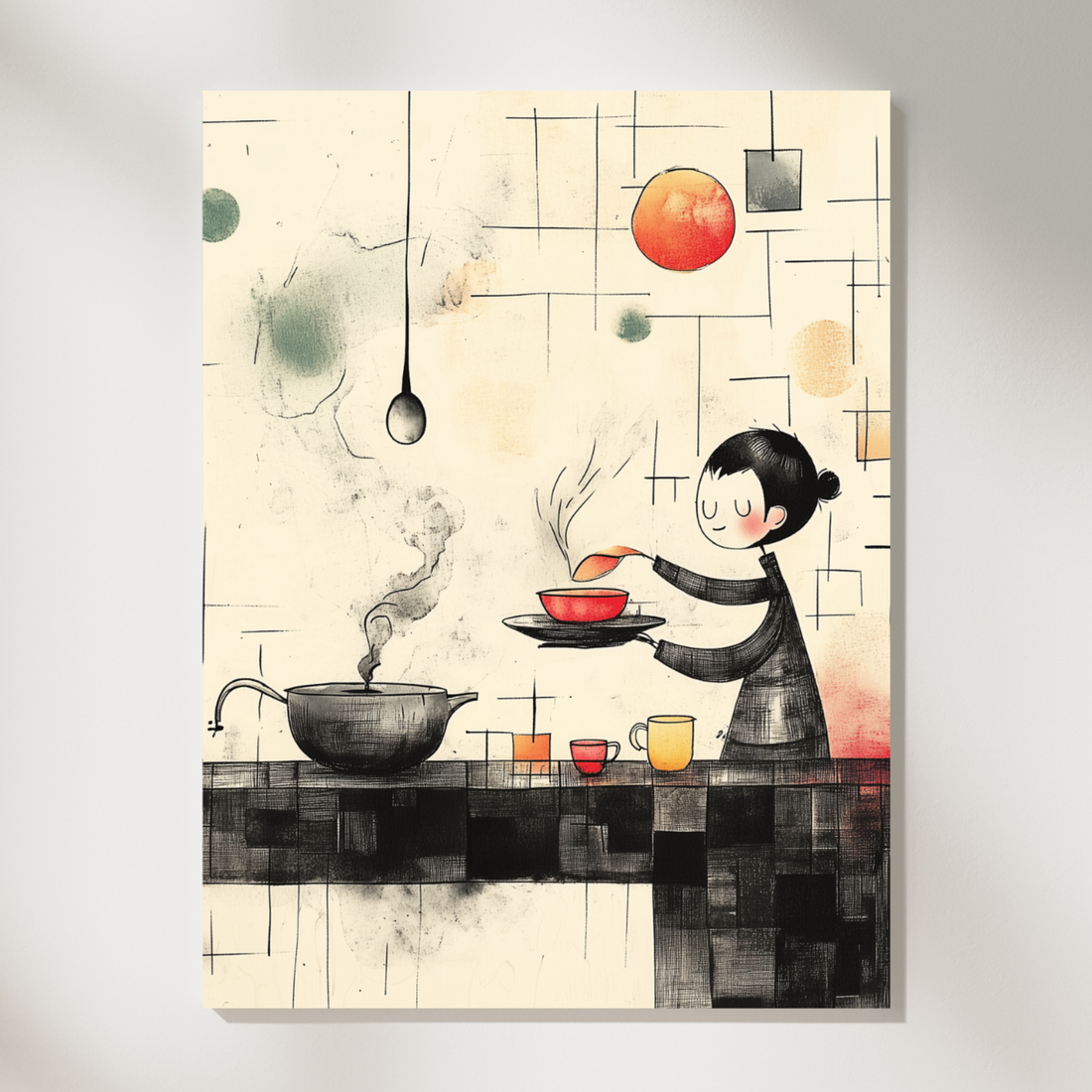 Culinary Fusion, Young Chef Amidst Retro Geometric Kitchen Vibes. High Resolution Digital Download 300 DPI
