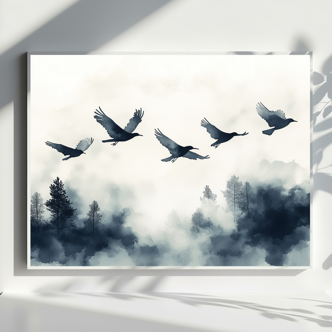 Mystical Flight, Black Birds Soar Through Ethereal Forest Mist. High Resolution Digital Download 300 DPI