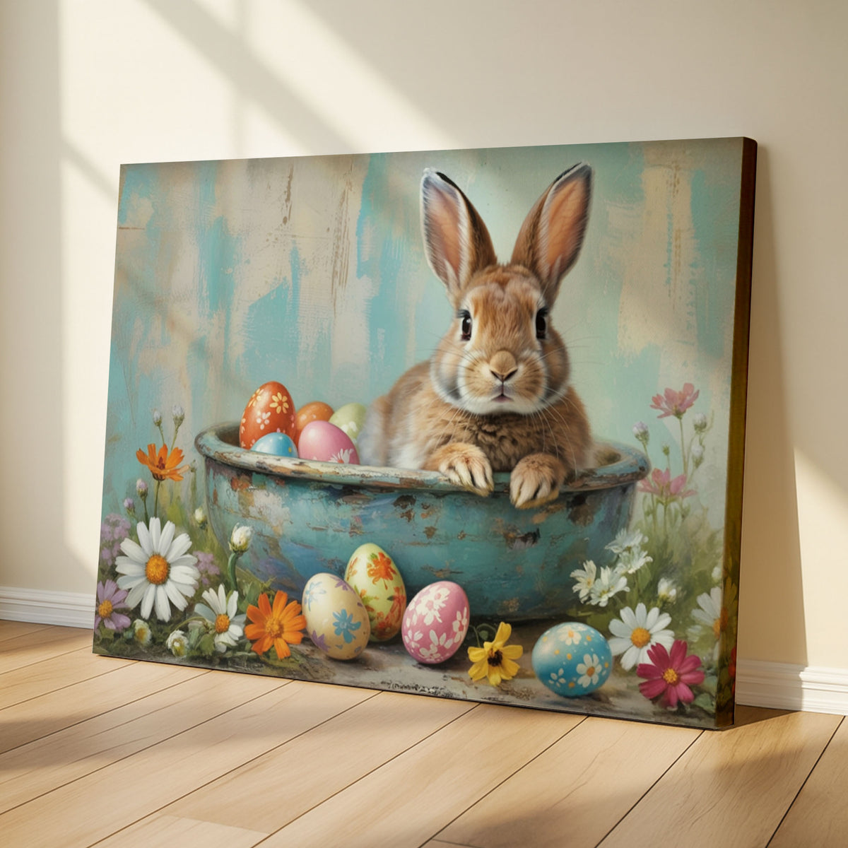 Easter bunny bathtub print above a wooden console