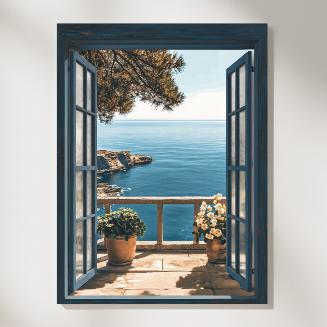 Coastal Serenity, Blue Balcony Sea View Cliff Landscape Wall Art. High Resolution Digital Download 300 DPI.