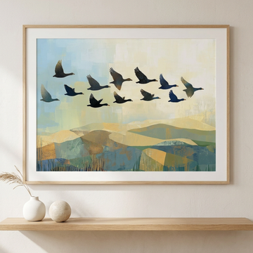 Majestic Migration, Geese Soaring Across Expansive Hilly Landscape Panorama. High Resolution Digital Download 300 DPI