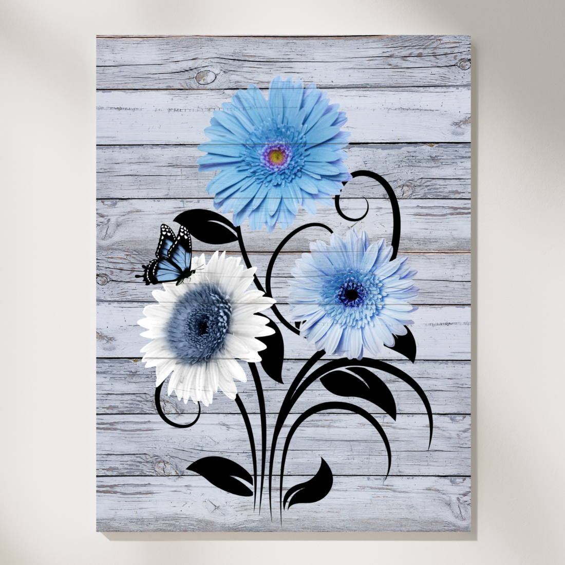 Elegant Gerbera Daisy Art with Butterfly on Rustic Wood Background. High Resolution Digital Download 300 DPI.