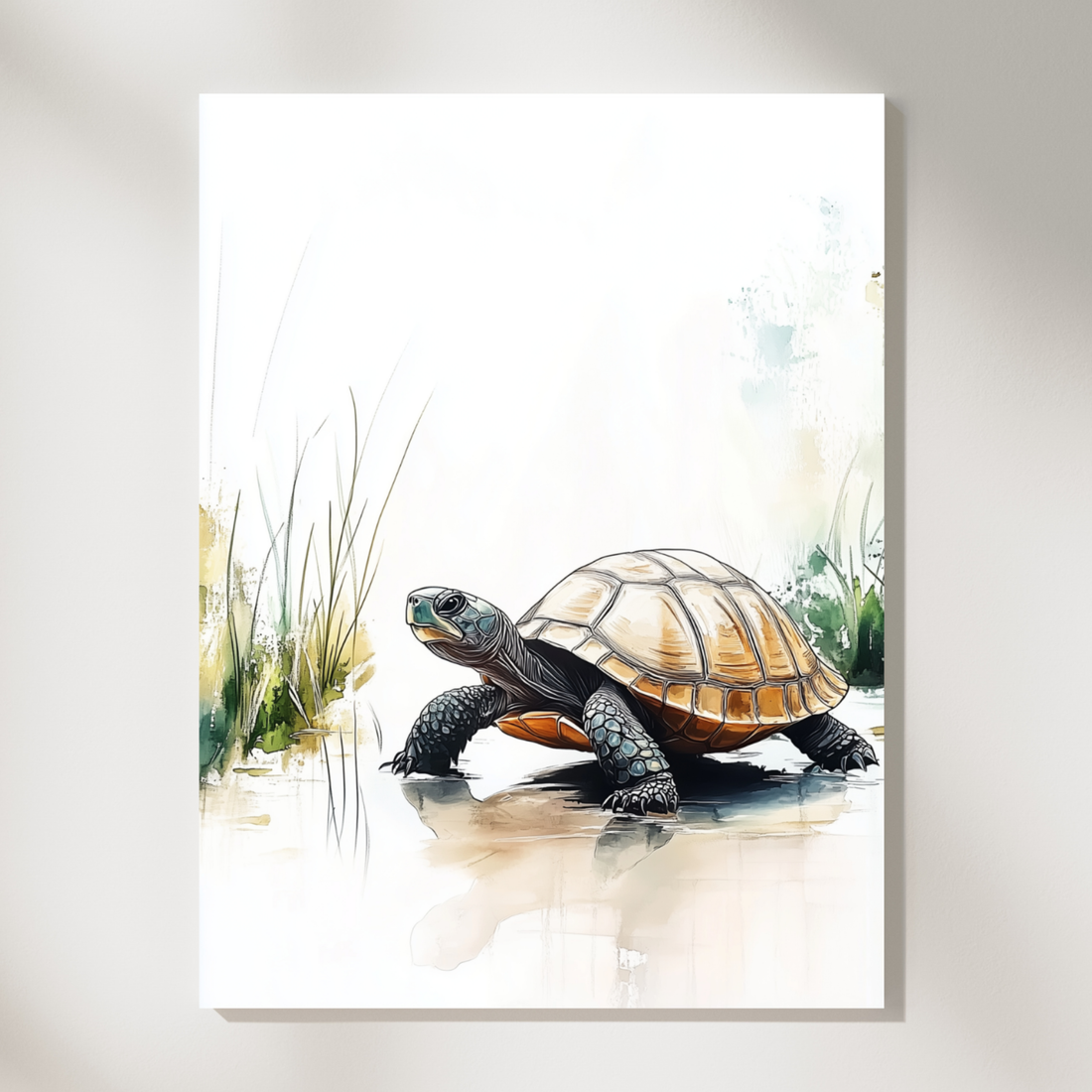 Majestic Brown Turtle, Walking Through Shallow Water Amidst Tall Grass. High Resolution Digital Download 300 DPI