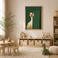 Goose print above a play table and cubbies