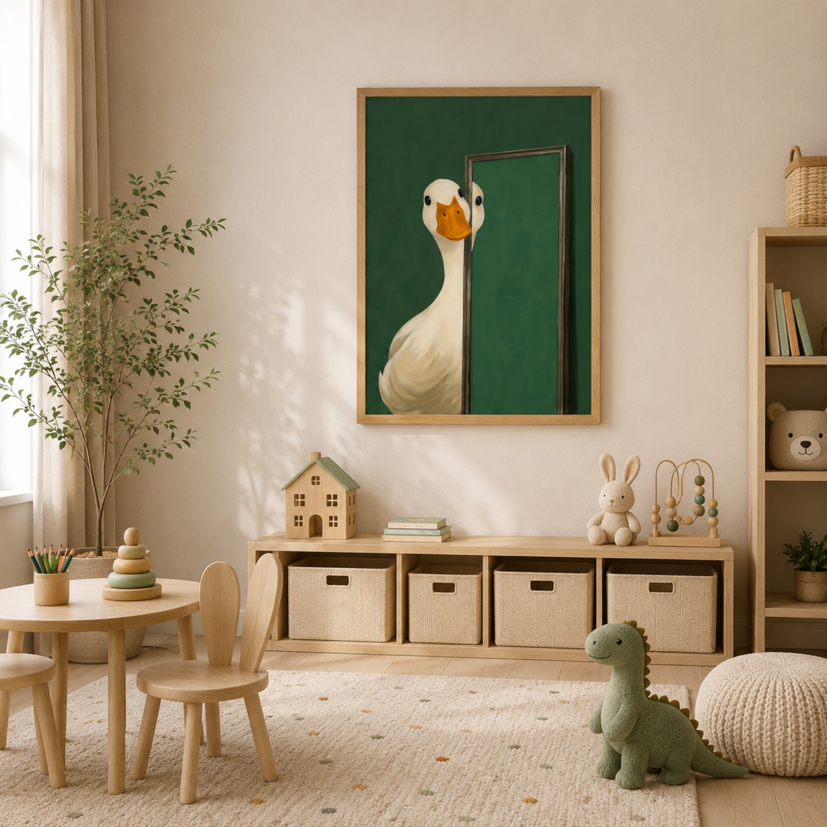 Goose print above a play table and cubbies