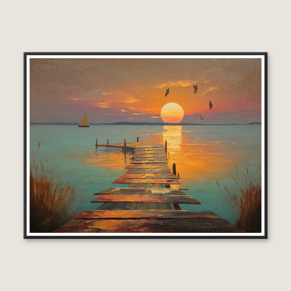 Rustic Twilight Pier Wall Art with Sunset Reflections and Birds. High Resolution Digital Download 300 DPI.