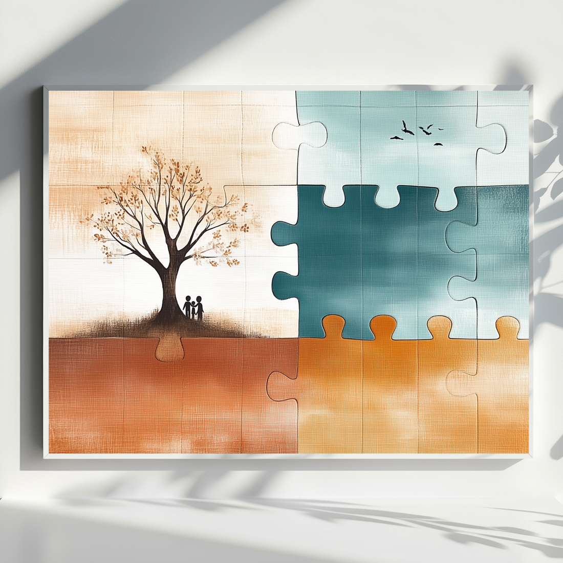 Abstract Puzzle Family Connection Wall Art in Warm Earth Tone Design. High Resolution Digital Download 300 DPI.