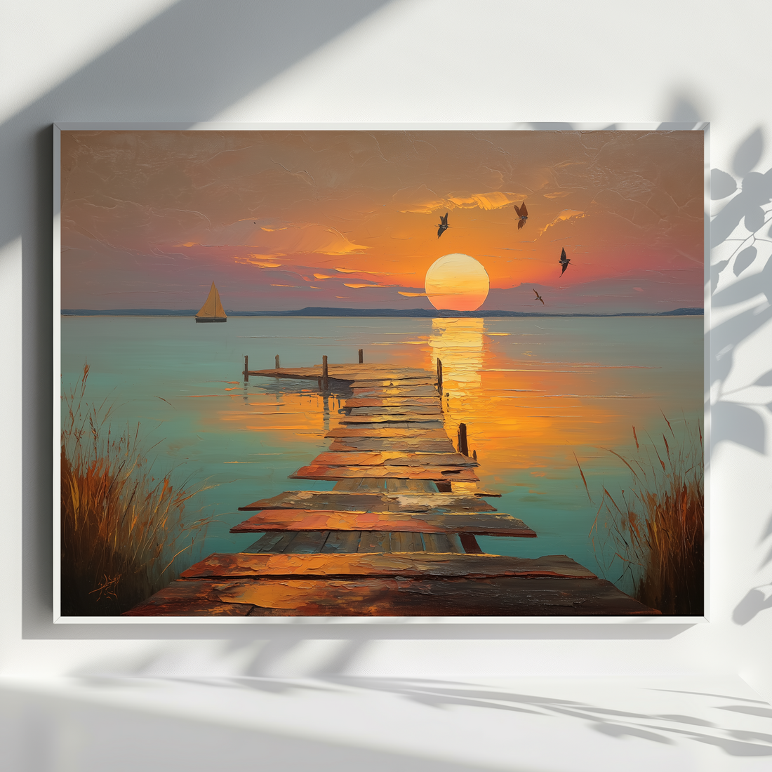 Rustic Twilight Pier Wall Art with Sunset Reflections and Birds. High Resolution Digital Download 300 DPI.