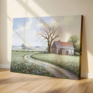Rustic Countryside Farmhouse Landscape Watercolor Art with Bright Summer Path. High Resolution Digital Download 300 DPI.