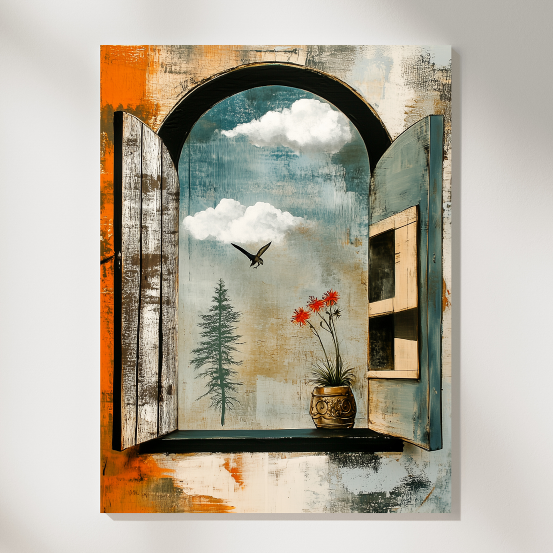 Tranquil Vista, Arched Window Cloud View Tree Floral Wall Art. High Resolution Digital Download 300 DPI.