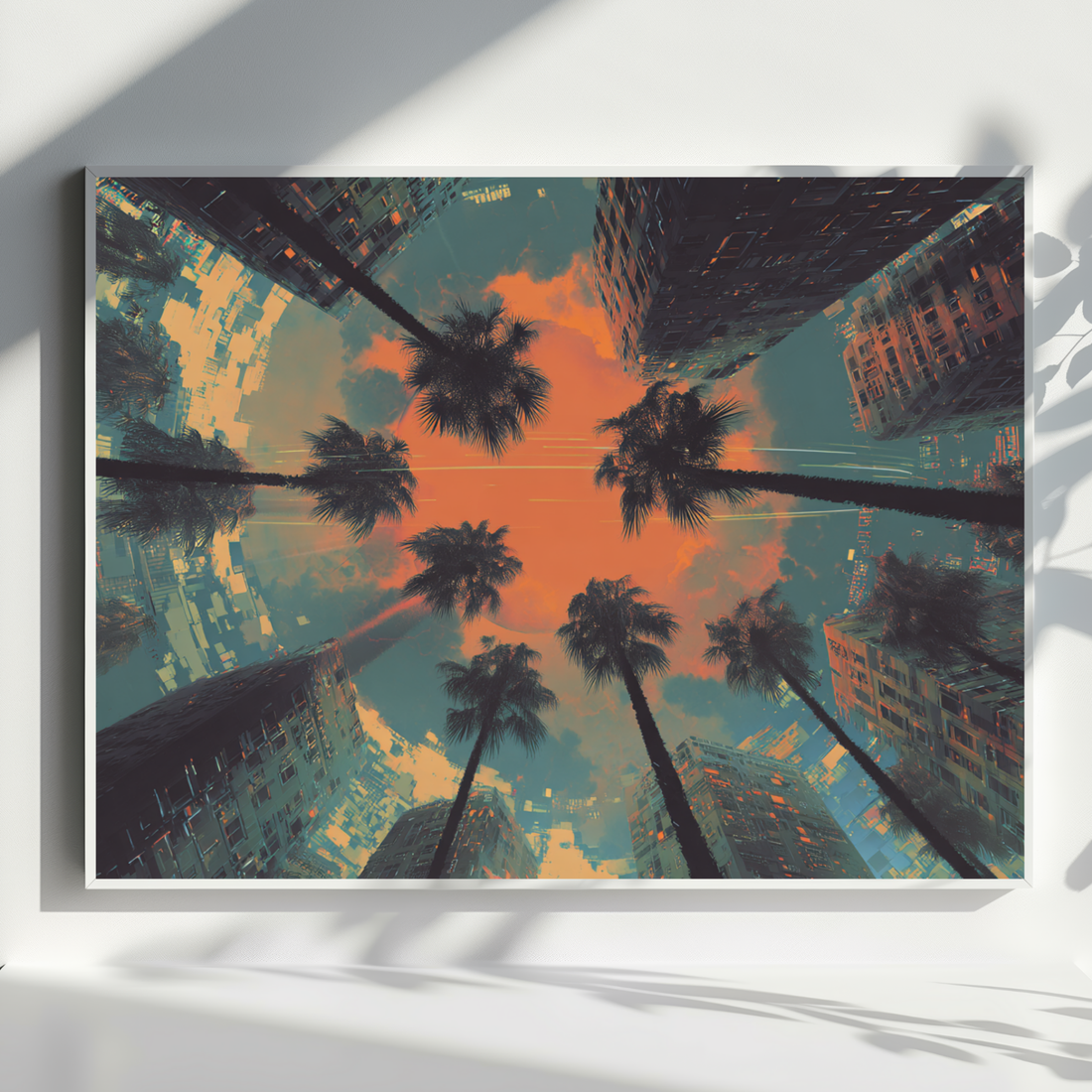 Retro Futuristic Cityscape Art With Glitched Palm Trees And Sunset Sky. High Resolution Digital Download 300 DPI.