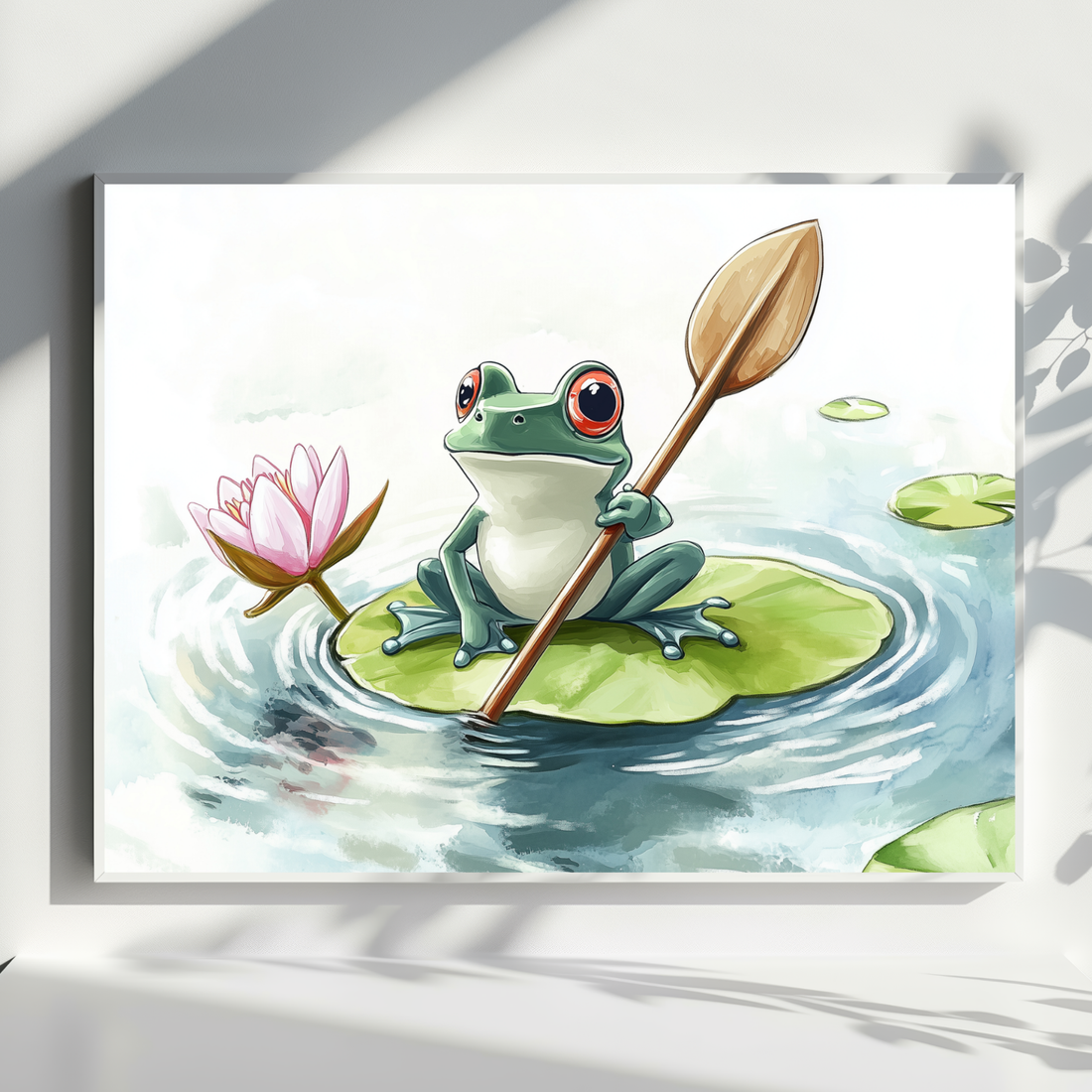 Whimsical Frog Adventure, Watercolor Lily Pad Rowing Art Print. High Resolution Digital Download 300 DPI.