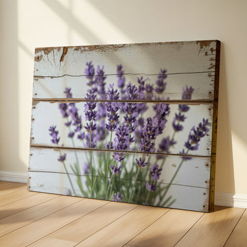 Rustic Lavender Bloom Art on Weathered Whitewashed Wooden Slat Panel. High Resolution Digital Download 300 DPI.