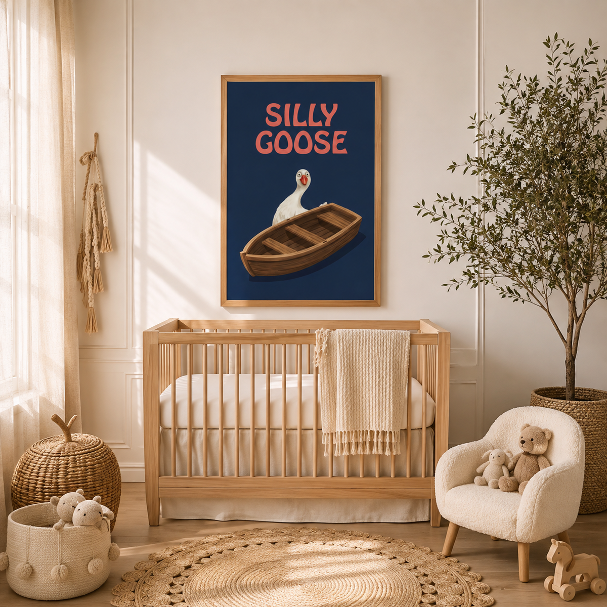 Silly goose boat print above a crib
