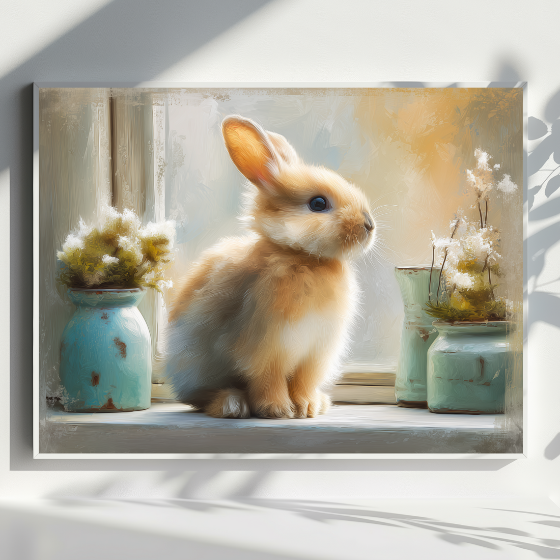 Adorable Bunny Portrait with Cozy Window Scene in Warm Colors. High Resolution Digital Download 300 DPI.