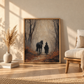 Moody witch art above a wooden bench