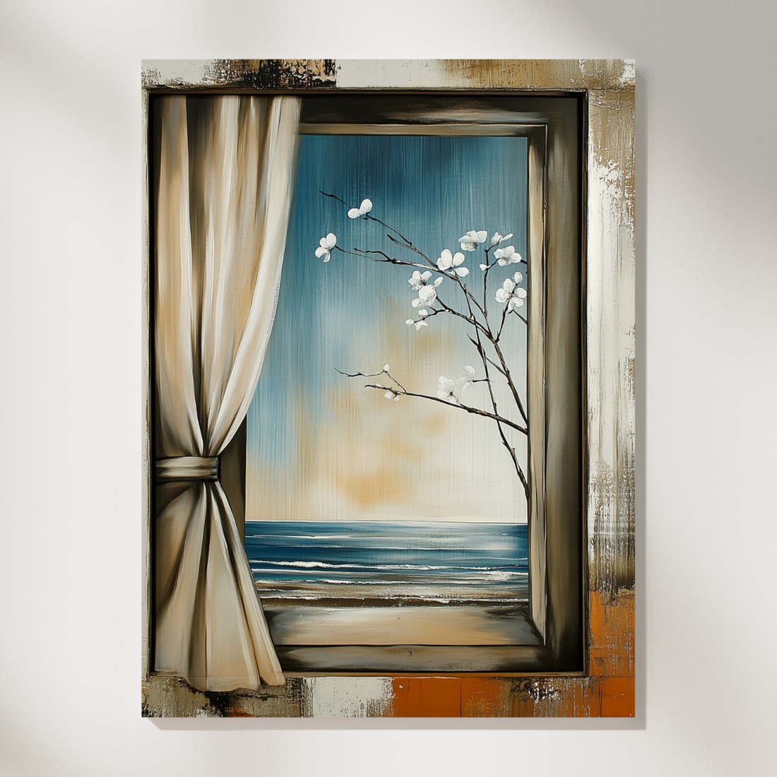 Serene Seaside Spring, Cherry Blossom Ocean View Window Wall Art. High Resolution Digital Download 300 DPI.