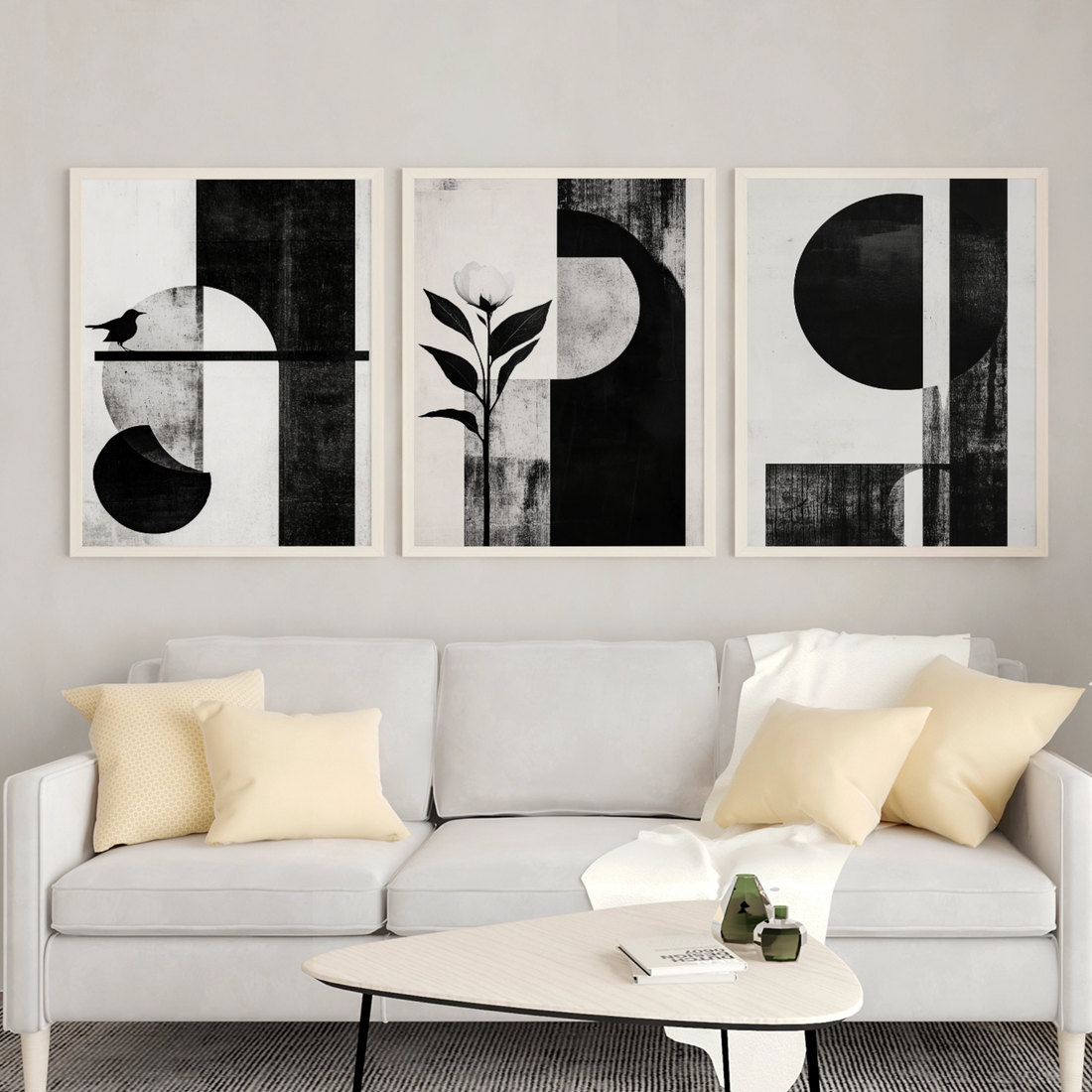 Scandinavian Serenity: Minimalist Sun, Flower, and Bird on White Canvas. High Resolution Digital Download 300 DPI