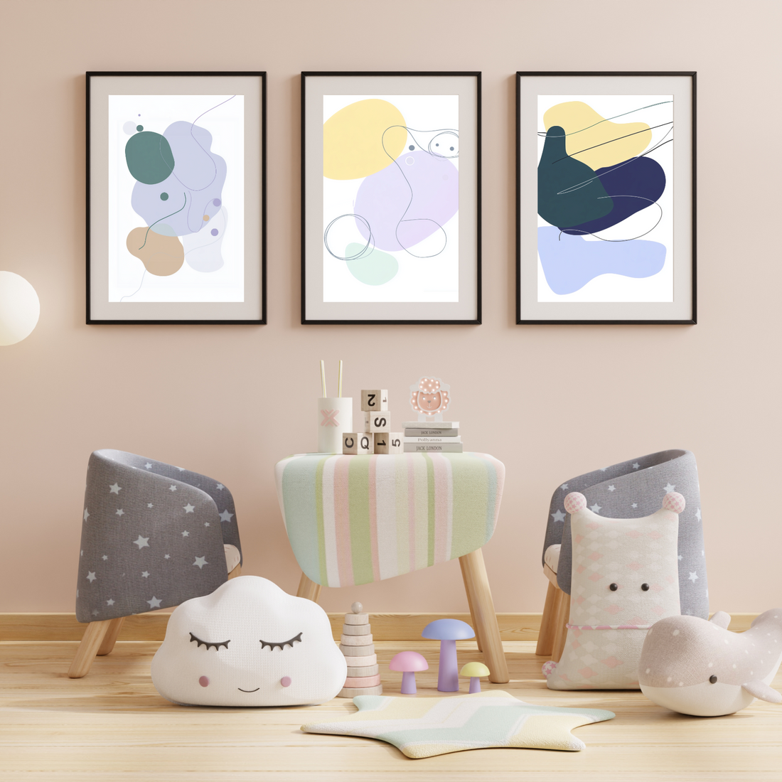 Serene Pastels: Abstract Shapes in Muted Green, Gray, and Beige Tones. High Resolution Digital Download 300 DPI.
