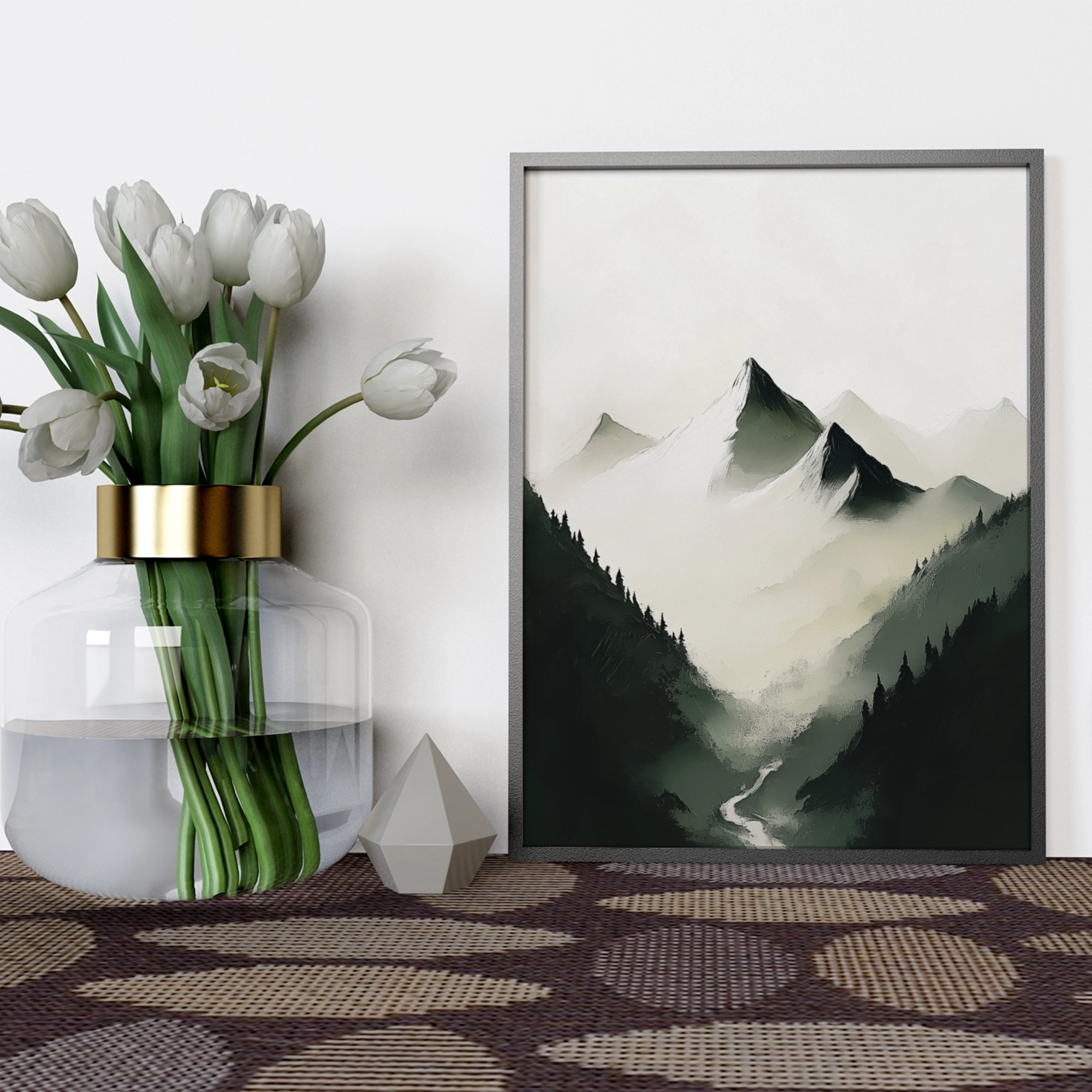Alpine Mist: Majestic Snowy Peaks Embraced by Pine Forest Wilderness. High Resolution Digital Download 300 DPI