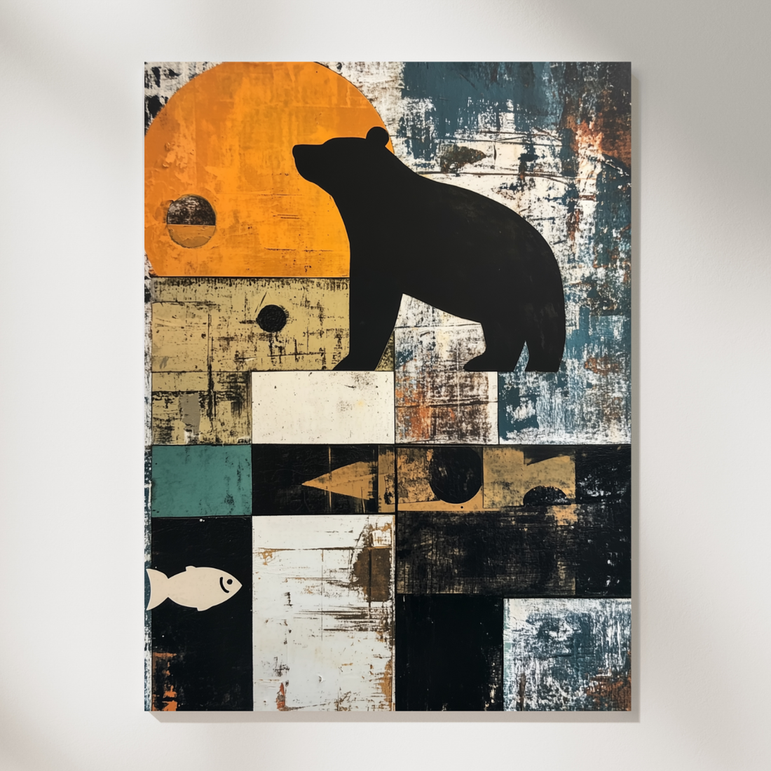 Minimalist Bear and Fish Abstract Collage, Modern Nature Wall Art. High Resolution Digital Download 300 DPI.
