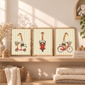 Giraffe adventure prints above a bench