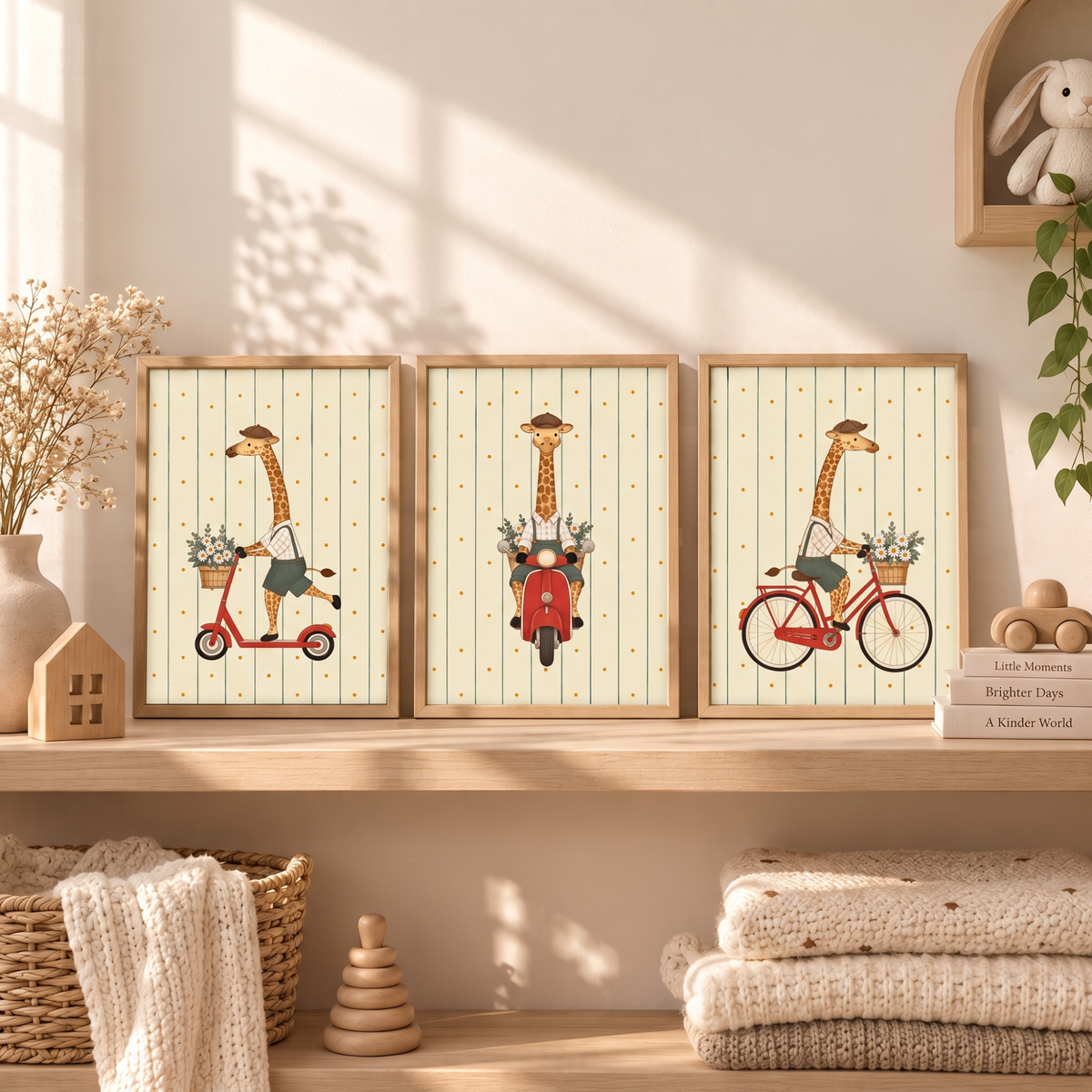 Giraffe adventure prints above a bench