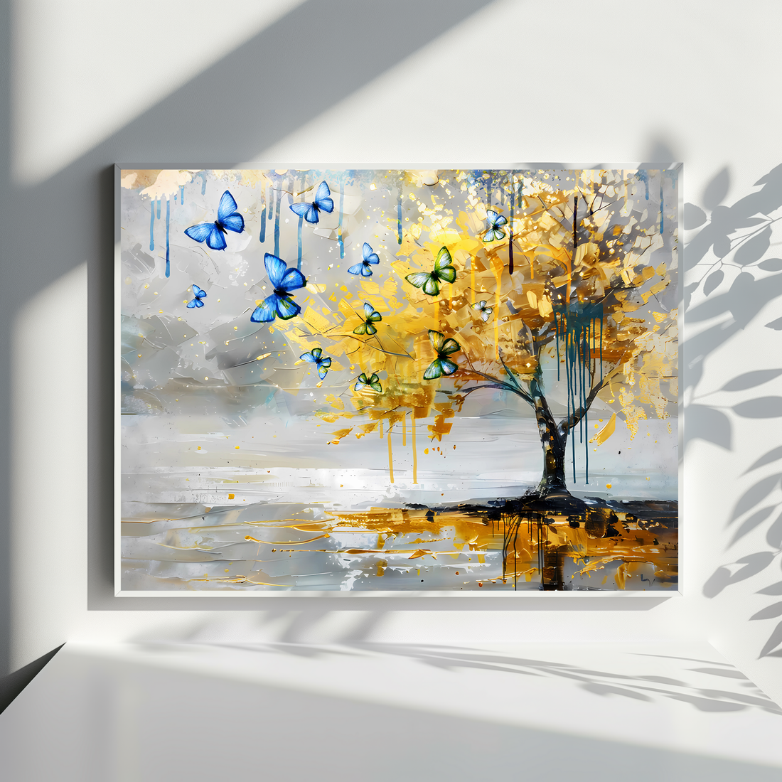 Golden Tree Reflections with Blue Butterflies Modern Abstract Oil Art. High Resolution Digital Download 300 DPI.
