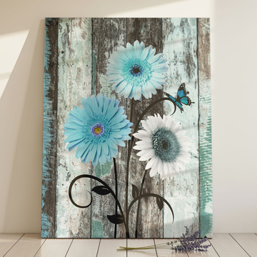 Floral Art With Blue Daisies And Butterfly Print. High Resolution Digital Download 300 DPI.