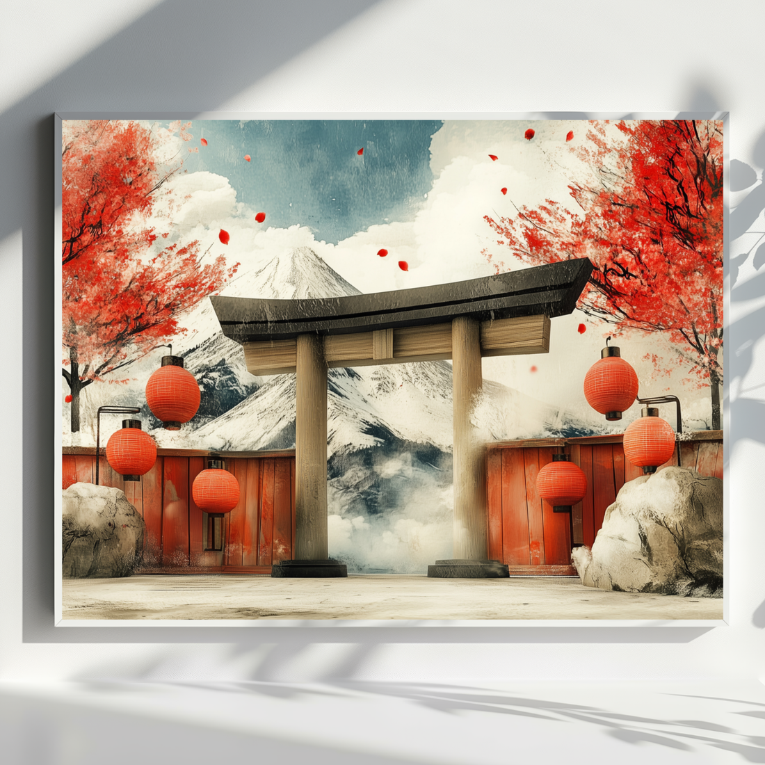 Serene Japanese Festival Landscape, Cherry Blossoms and Mountain Art. High Resolution Digital Download 300 DPI.