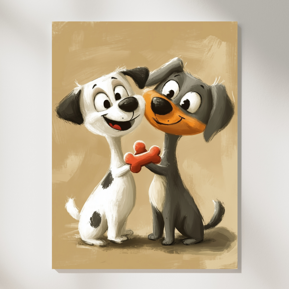 Puppy Love Delight, Whimsical Oil Painting of Quirky Canine Romance. High Resolution Digital Download 300 DPI.