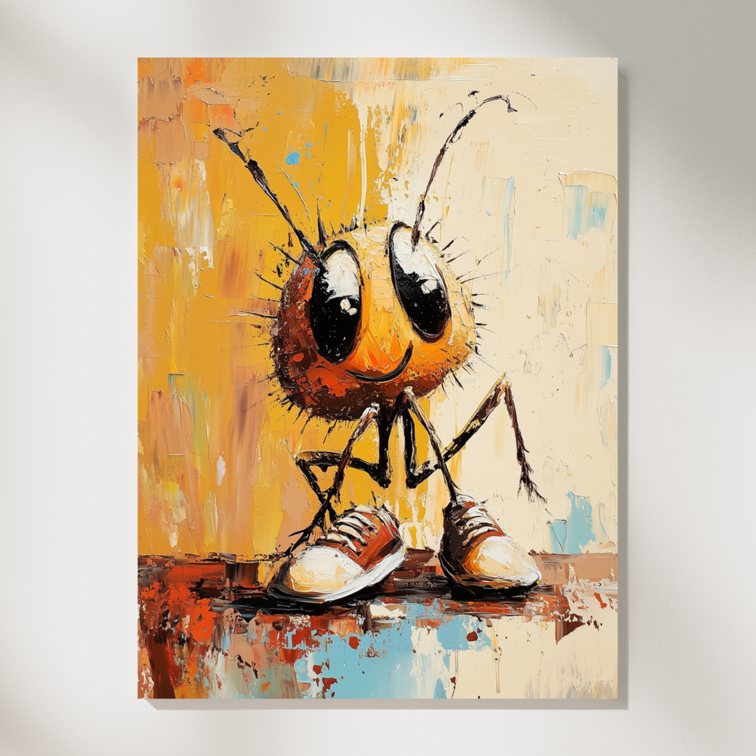 Tiny Dreamer's Big Step, Whimsical Oil Painting of Ant's Oversized Shoe Adventure. High Resolution Digital Download 300 DPI.