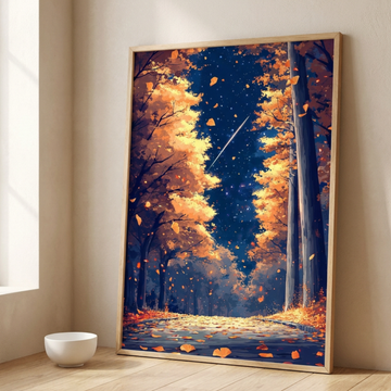Enchanted Ginkgo Avenue, Luminous Leaves Dance Under Starlit Night Sky. High Resolution Digital Download 300 DPI
