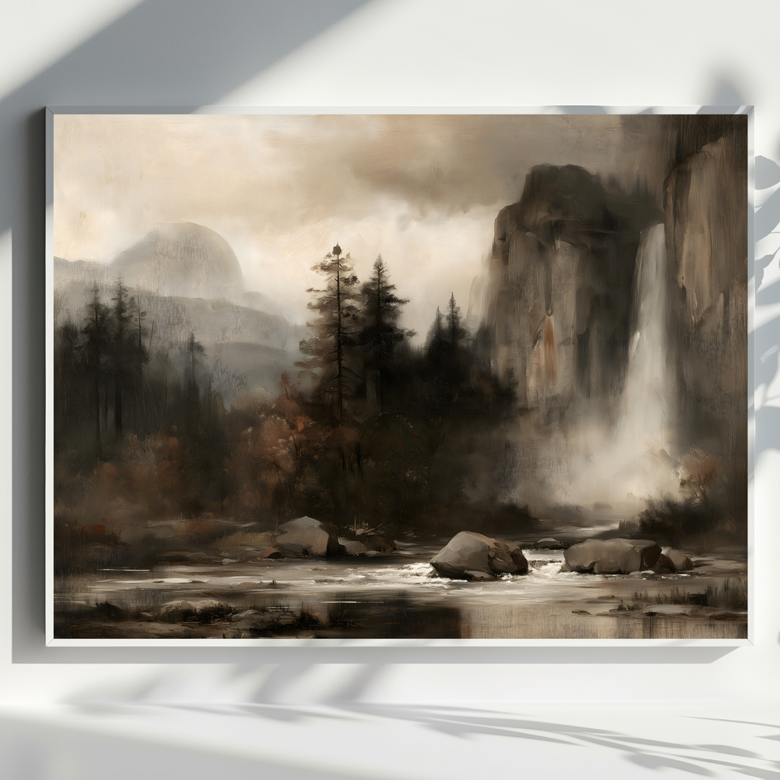 Yosemite Waterfall Vintage Oil Painting, Rustic Mountain Landscape Wall Art. High Resolution Digital Download 300 DPI.