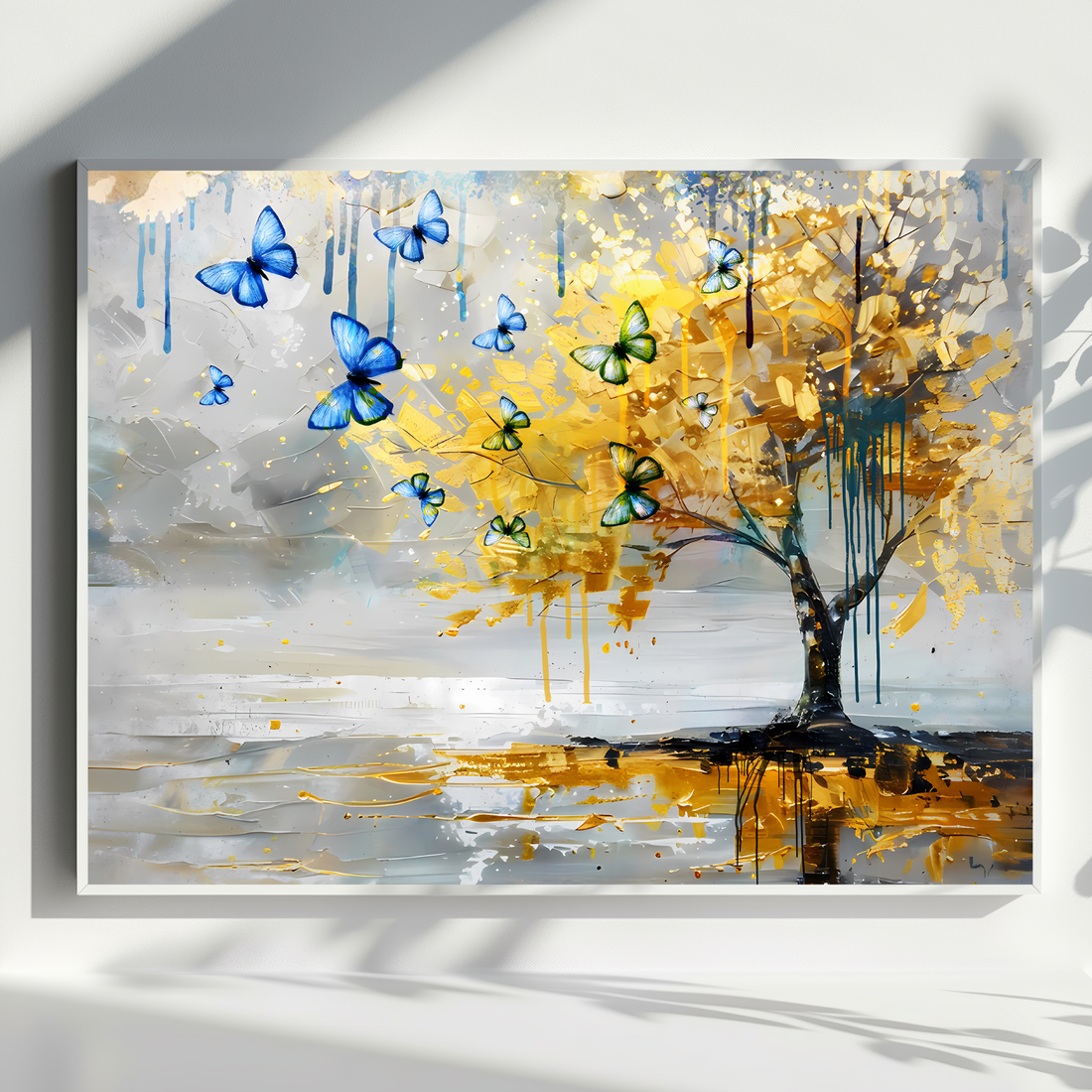 Golden Tree Reflections with Blue Butterflies Modern Abstract Oil Art. High Resolution Digital Download 300 DPI.