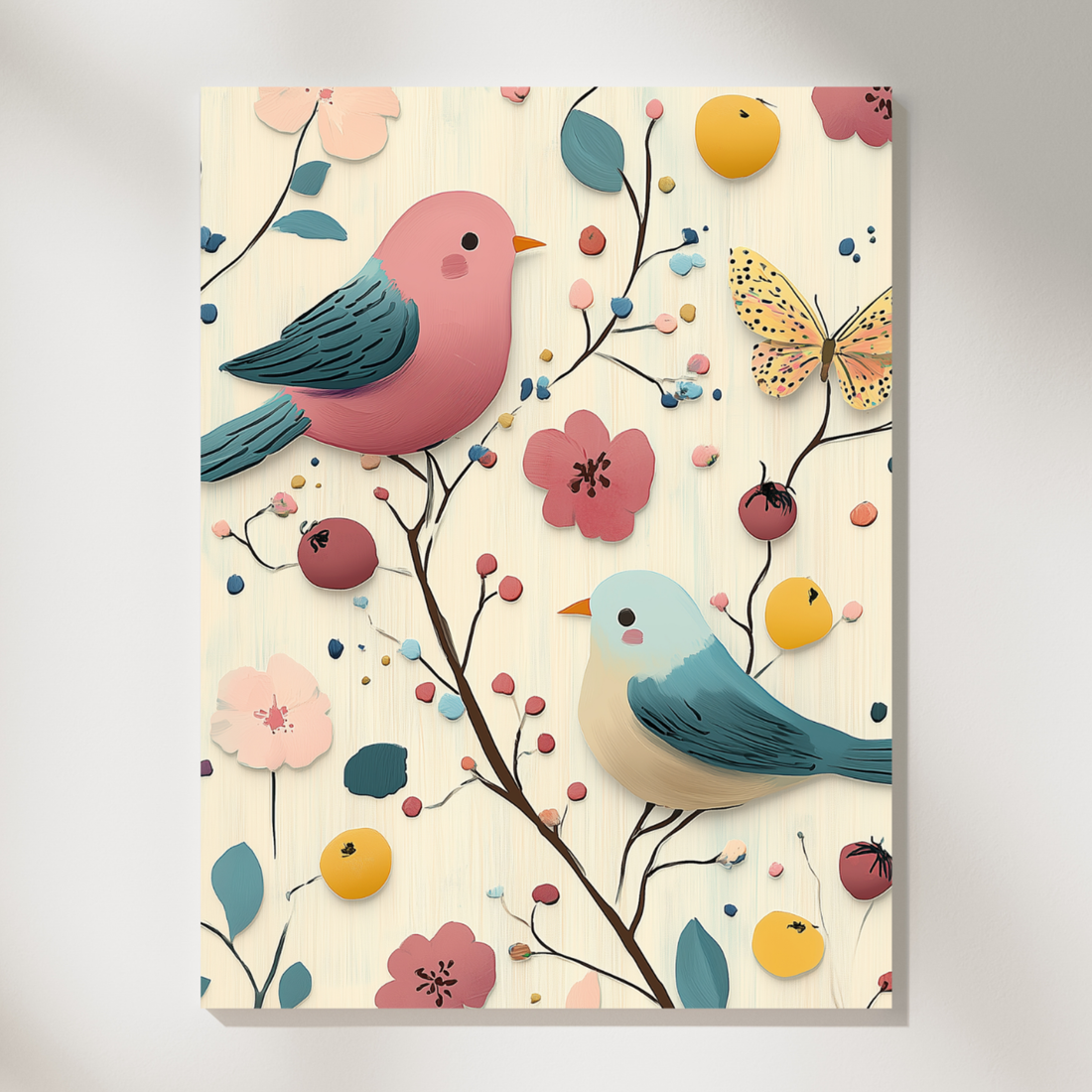 Pastel Paradise, Enchanting Birds and Butterfly Amidst Delicate Floral Harmony. High Resolution Digital Download 300 DPI