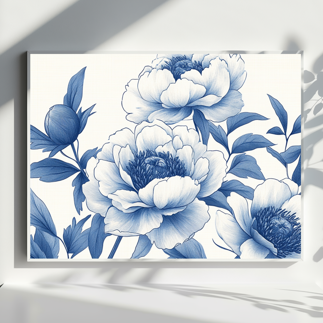 Minimalist Peony Line Art, Light Blue Stencil Design on White Tactile Background. High Resolution Digital Download 300 DPI