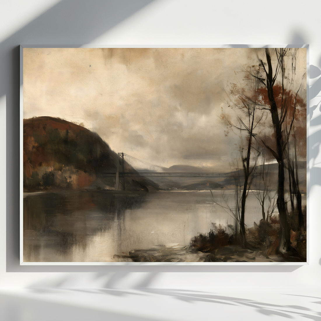 Vintage oil painting of a river valley with dark cliffs, tall autumn trees and calm water in muted tones