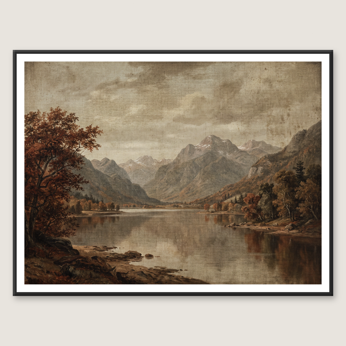 Moody vintage oil painting of a mountain lake framed by autumn trees under a cloudy sky