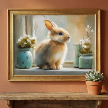 Adorable Bunny Portrait with Cozy Window Scene in Warm Colors. High Resolution Digital Download 300 DPI.