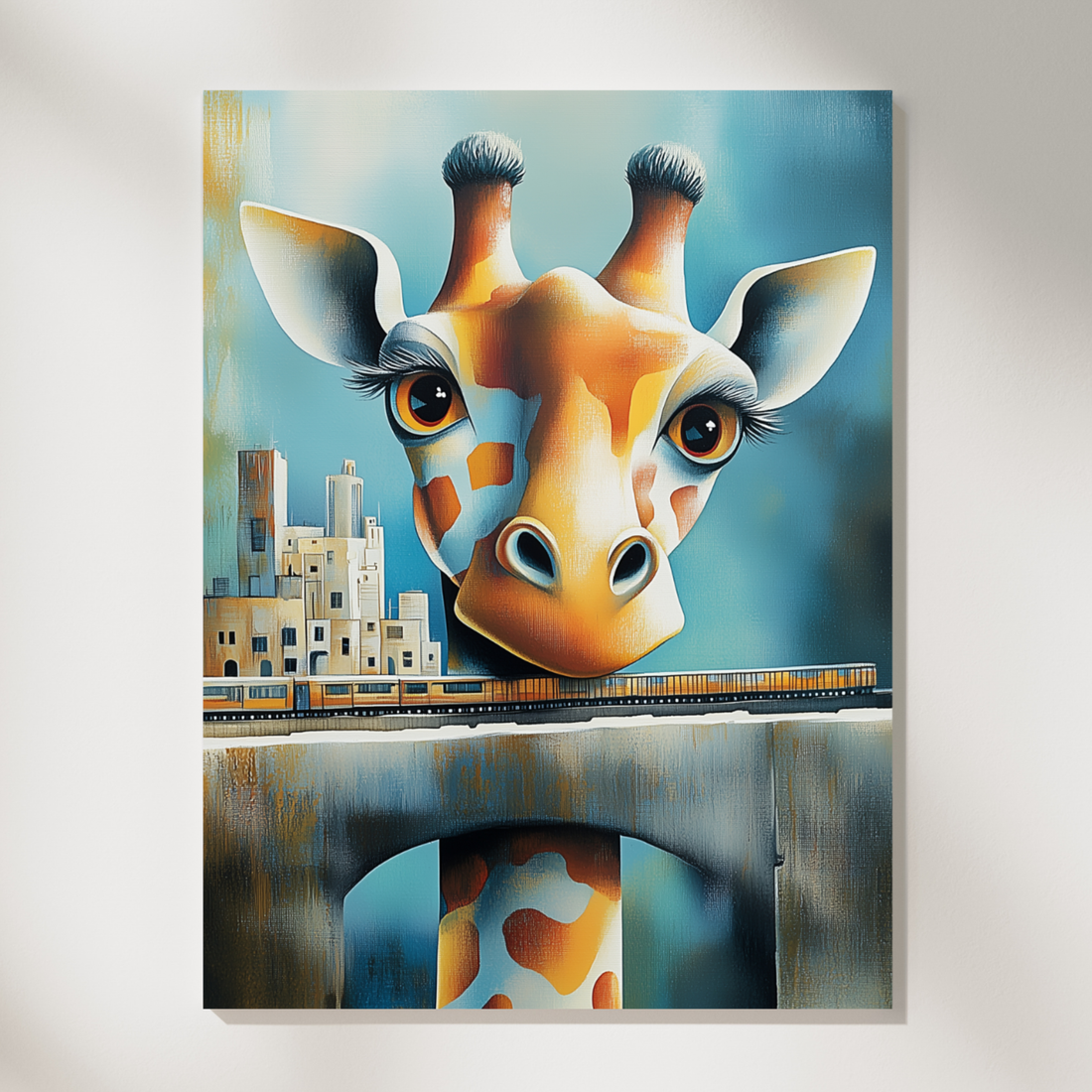 Surreal Robo-Giraffe Cityscape, Cubist Watercolor Greek-Inspired Wall Art. High Resolution Digital Download 300 DPI.