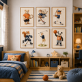 Sports animal print set above a navy kids bed
