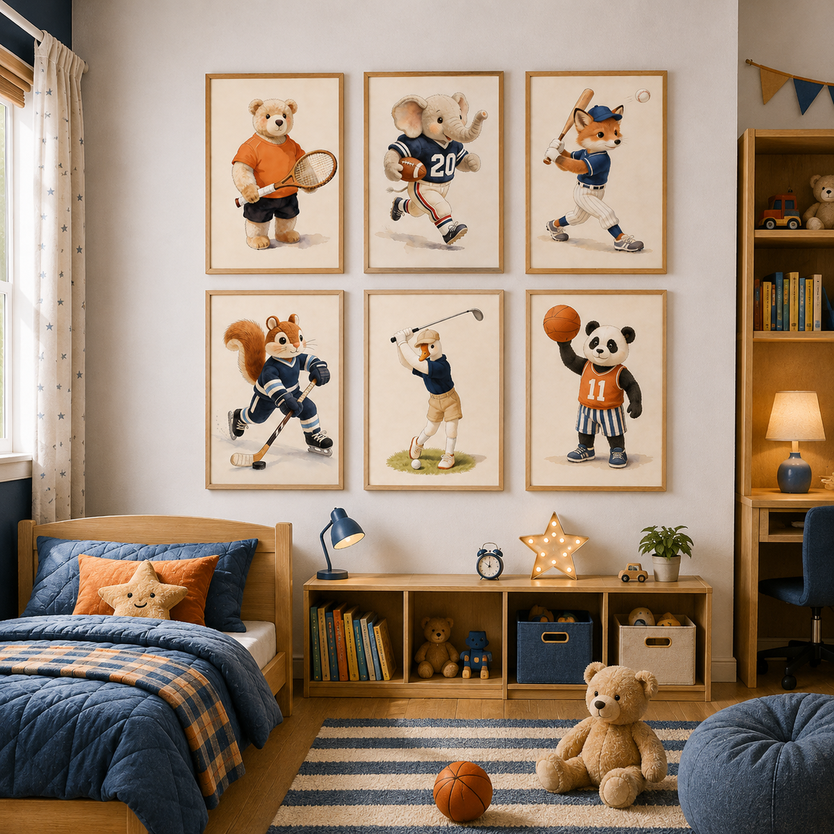 Sports animal print set above a navy kids bed