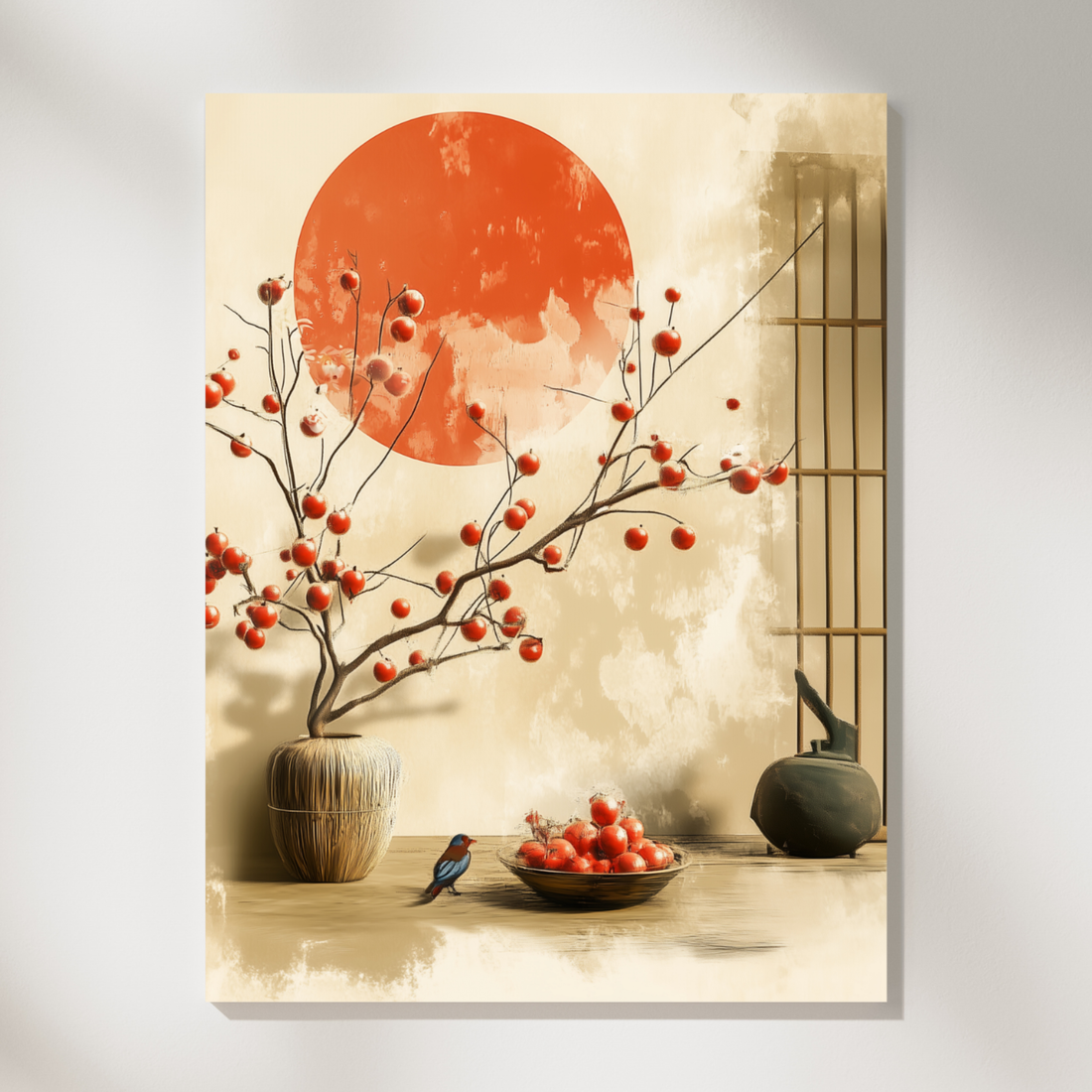 Serene Minimalist Nature Scene, Bird and Berries Art. High Resolution Digital Download 300 DPI.