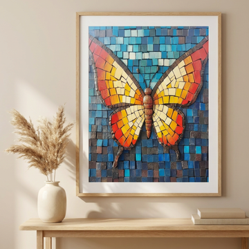 Mosaic Butterfly Brilliance, Vibrant Wings in Orange, Yellow, and Blue Tiles. High Resolution Digital Download 300 DPI