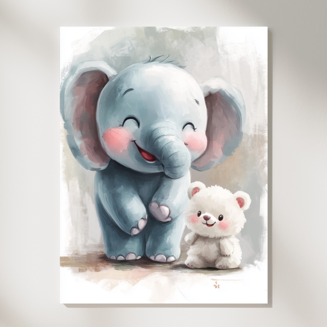 Whimsical Turquoise Elephant and Fluffy Bear Friends Wall Art. High Resolution Digital Download 300 DPI.