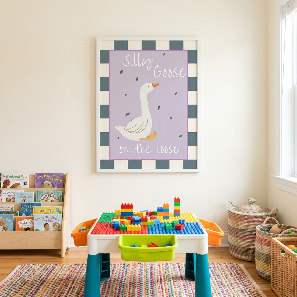 Silly goose art above colorful toy storage