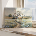 Cottage and wildflowers print leaning on a white table