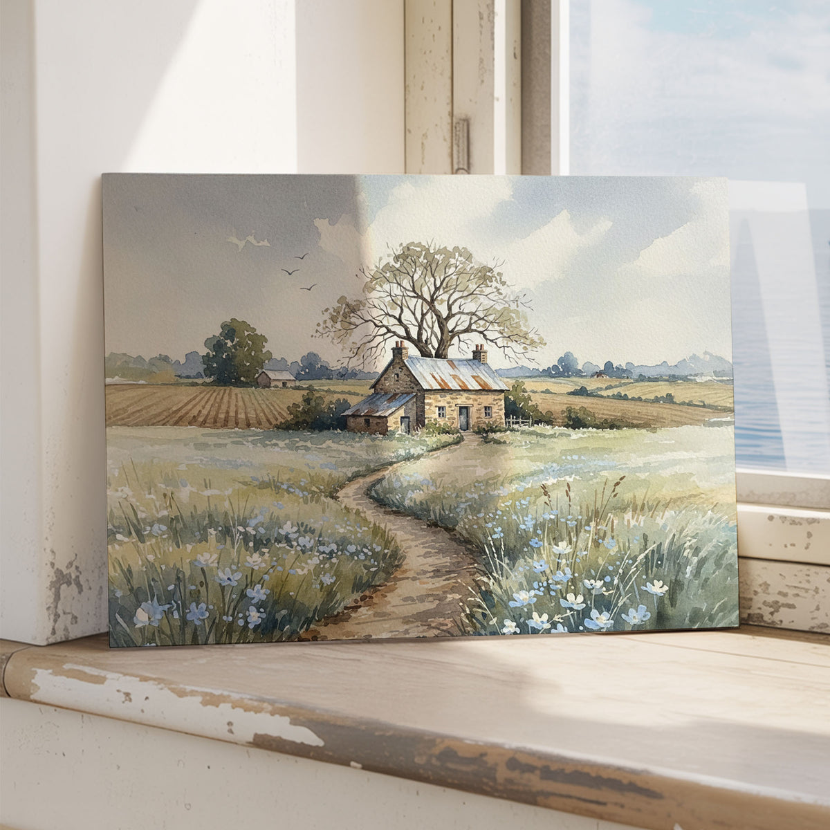 Cottage and wildflowers print leaning on a white table